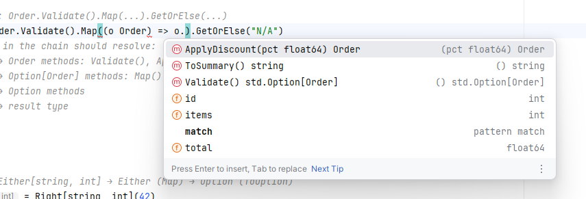 GALA dot completion popup showing type-aware method and field suggestions for Order type
