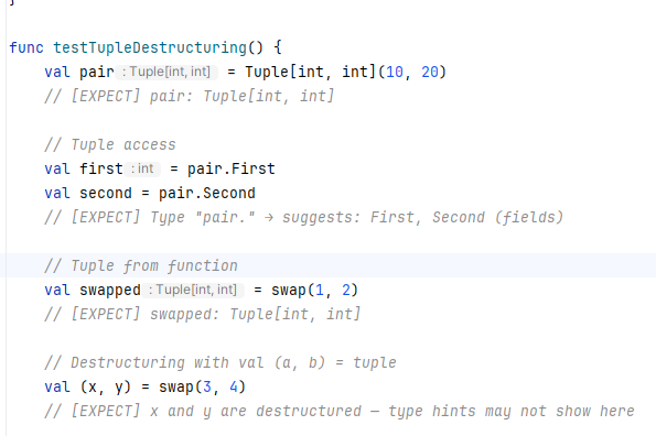GALA inlay hints showing inferred types for tuple declarations and function return values