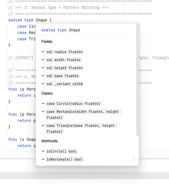 GALA structure view showing sealed type Shape with Circle, Rectangle, Triangle variants and their fields