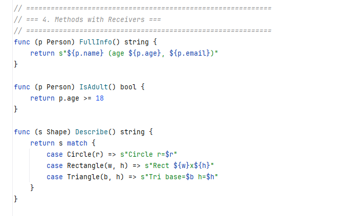 GALA syntax highlighting in IntelliJ showing methods, pattern matching, and string interpolation